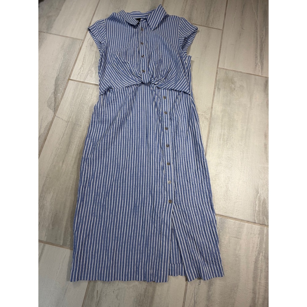 White House Black Market Striped Twist Front Midi Shirt Dress Blue White Size 8
